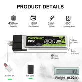 4×Ovonic 450mah 1S1p 3.8V 80C HV Lipo Battery Pack avec JST PH2.0 pour Blade Inductrix FPV